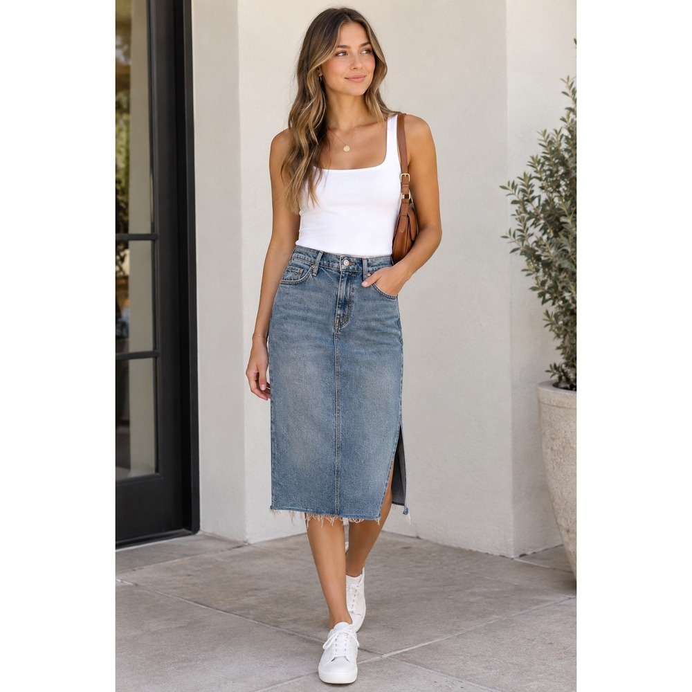 Mother Superior The High Waisted Midi Denim Skirt Side Slit Frayed Hem Blue 25